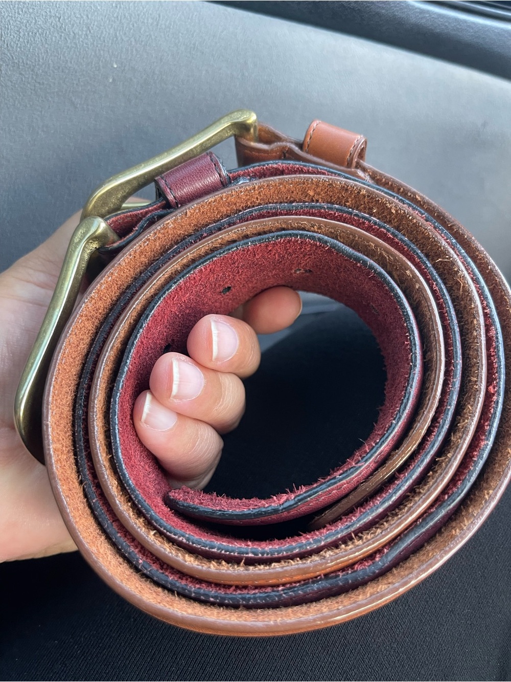 Lands End Leather Belts in Tan & Reddish brown. solid brass buckle